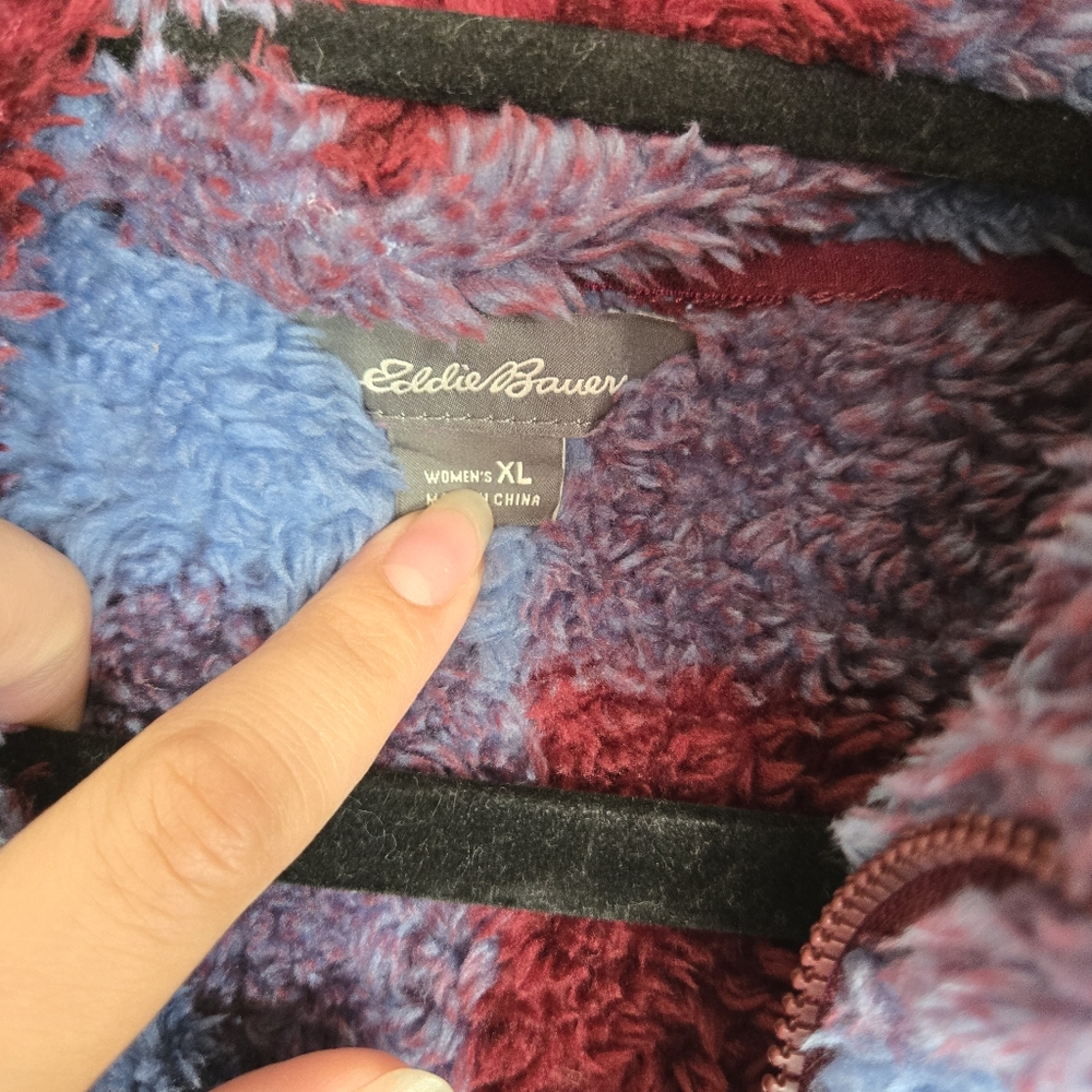 Eddie Bauer Womens XL Fleece Pullover Plaid Quarter Zip Cozy Warm Comfy Blue Red - Picture 8 of 14